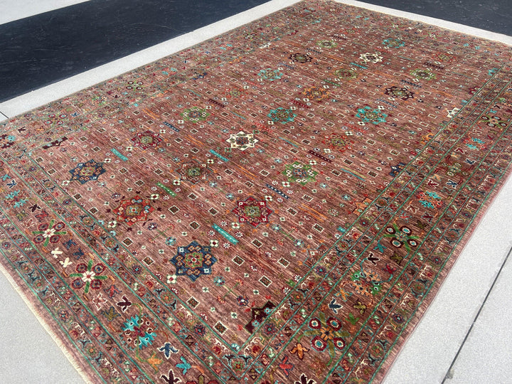 7x10 (213x305) Handmade Afghan Rug | Brown Chocolate Mocha Green Burnt Orange Denim Blue Turquoise Ivory White Wine Maroon Red | Wool