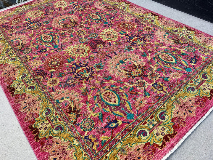 6x9 (183x274) Handmade Afghan Rug | Fuchsia Magenta Salmon Pink Gold Mustard Cornsilk Yellow Purple Maroon Red Orange Teal | Wool Mamluk