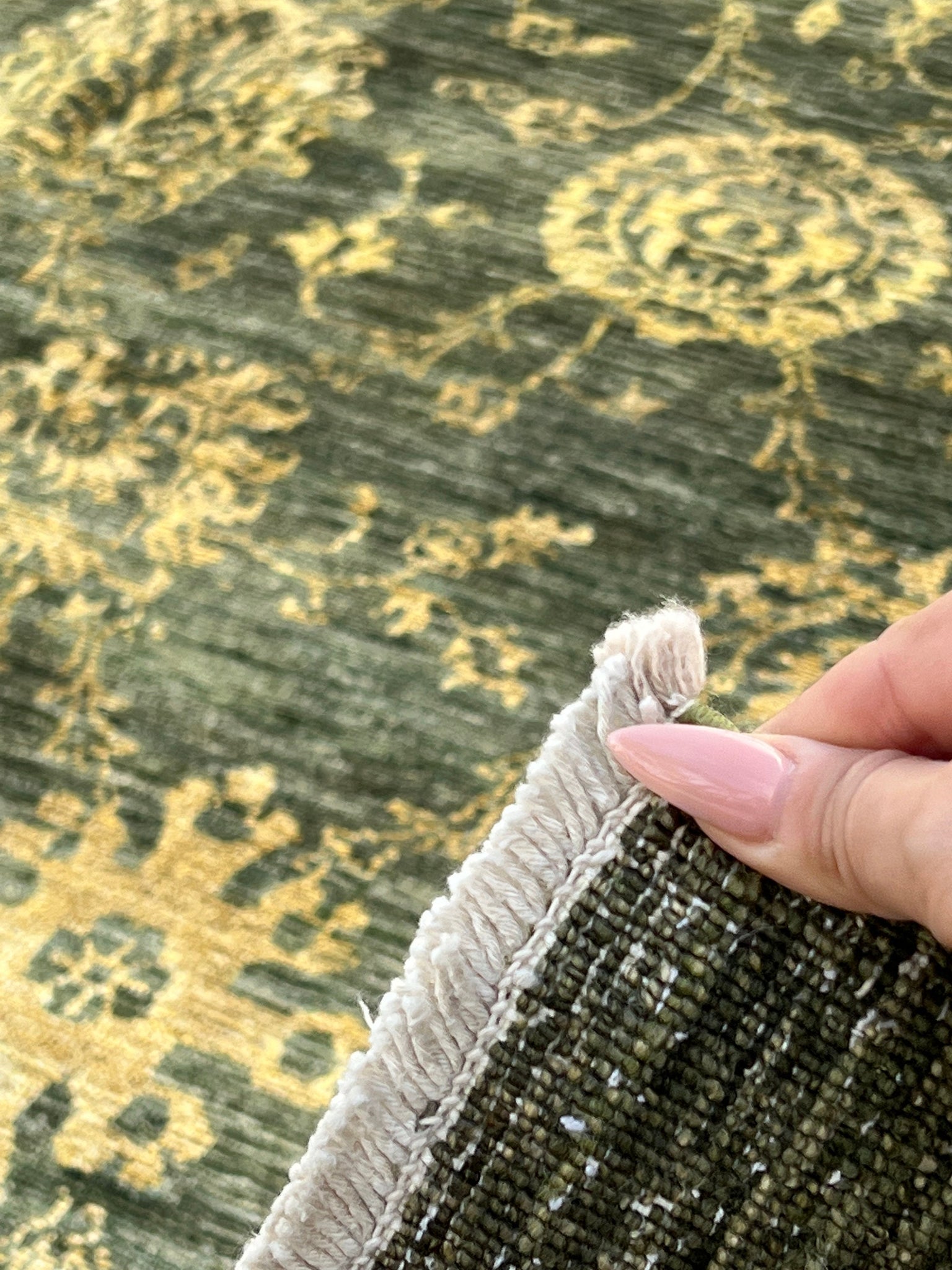 7x10 (213x305) Handmade Afghan Rug | Moss Forest Green Grey Cornsilk Golden Yellow Cream Beige | Wool Boho Hand Knotted