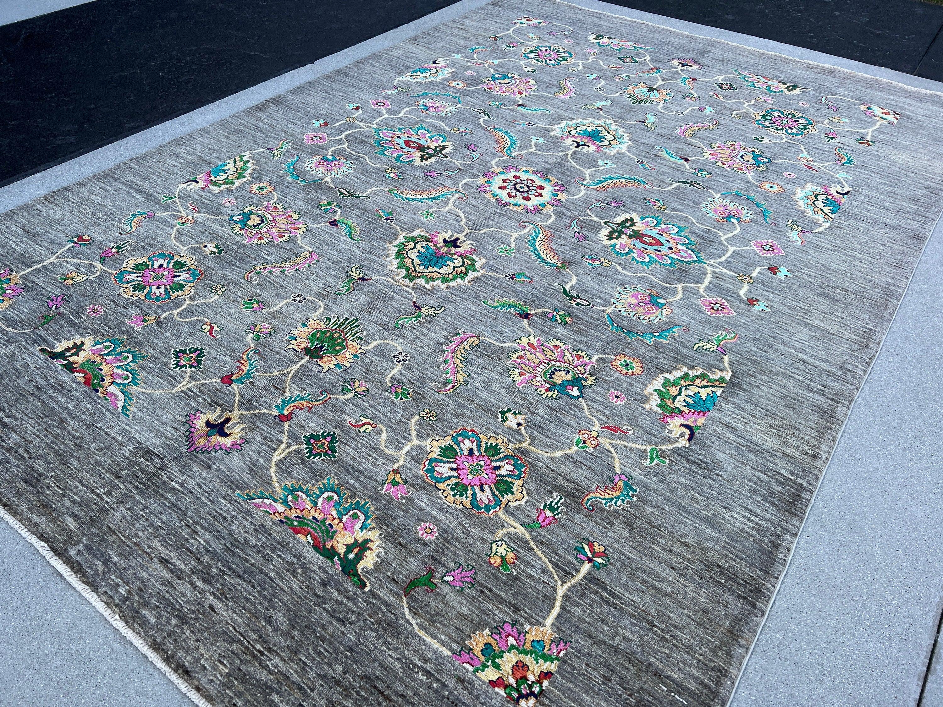 7x10 (213x305) Handmade Afghan Rug | Grey Fuchsia Baby Pink Turquoise Teal Cornsilk Golden Yellow Forest Green Blood Red | Wool Hand Knotted