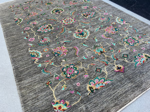 7x10 (213x305) Handmade Afghan Rug | Grey Fuchsia Baby Pink Turquoise Teal Cornsilk Golden Yellow Forest Green Blood Red | Wool Hand Knotted