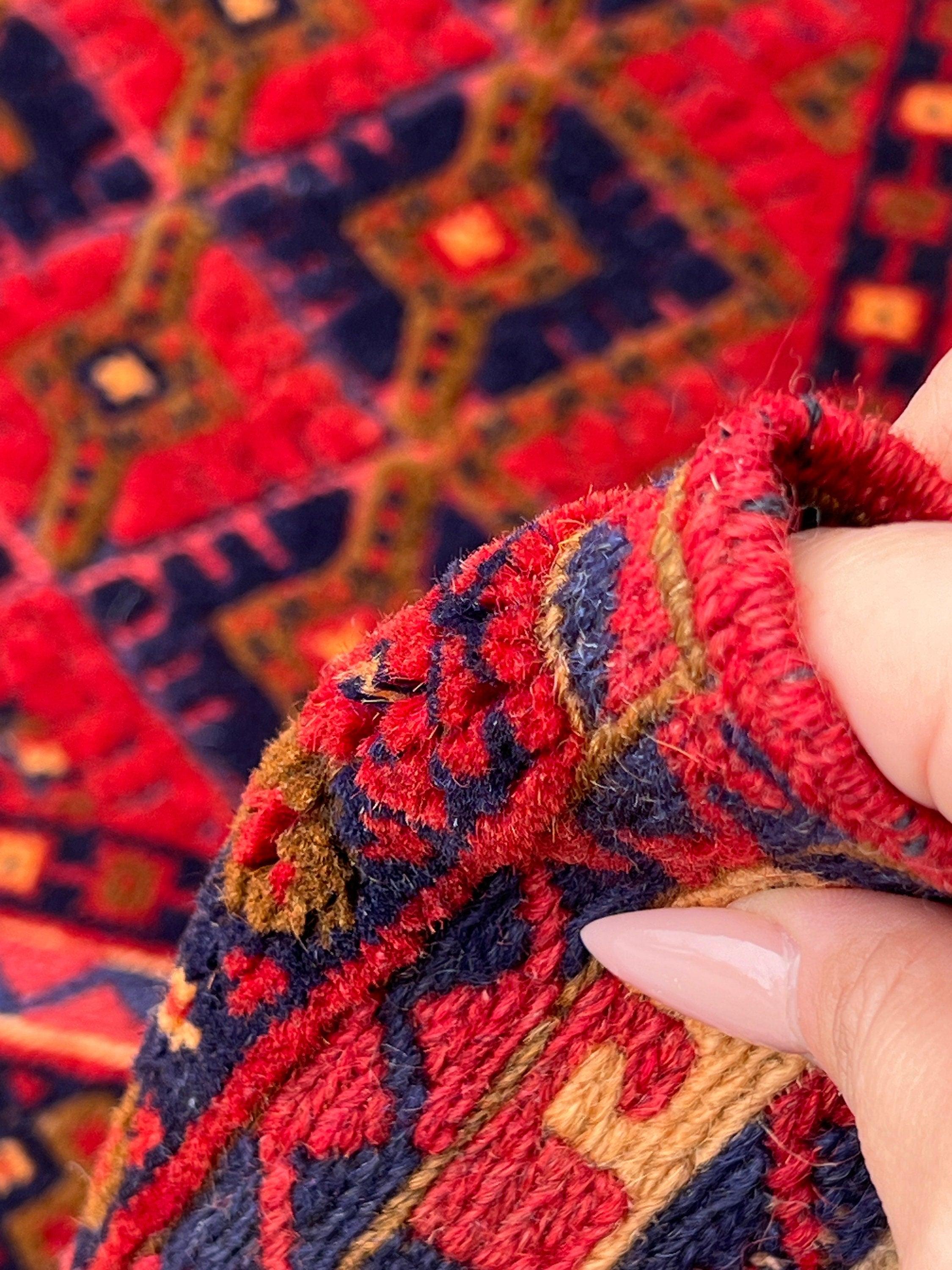 5x6 (150x215) Handmade Vintage Baluch Afghan Rug | Blood Crimson Red Navy Blue Taupe Chocolate Orange Olive Green | Hand Knotted Wool