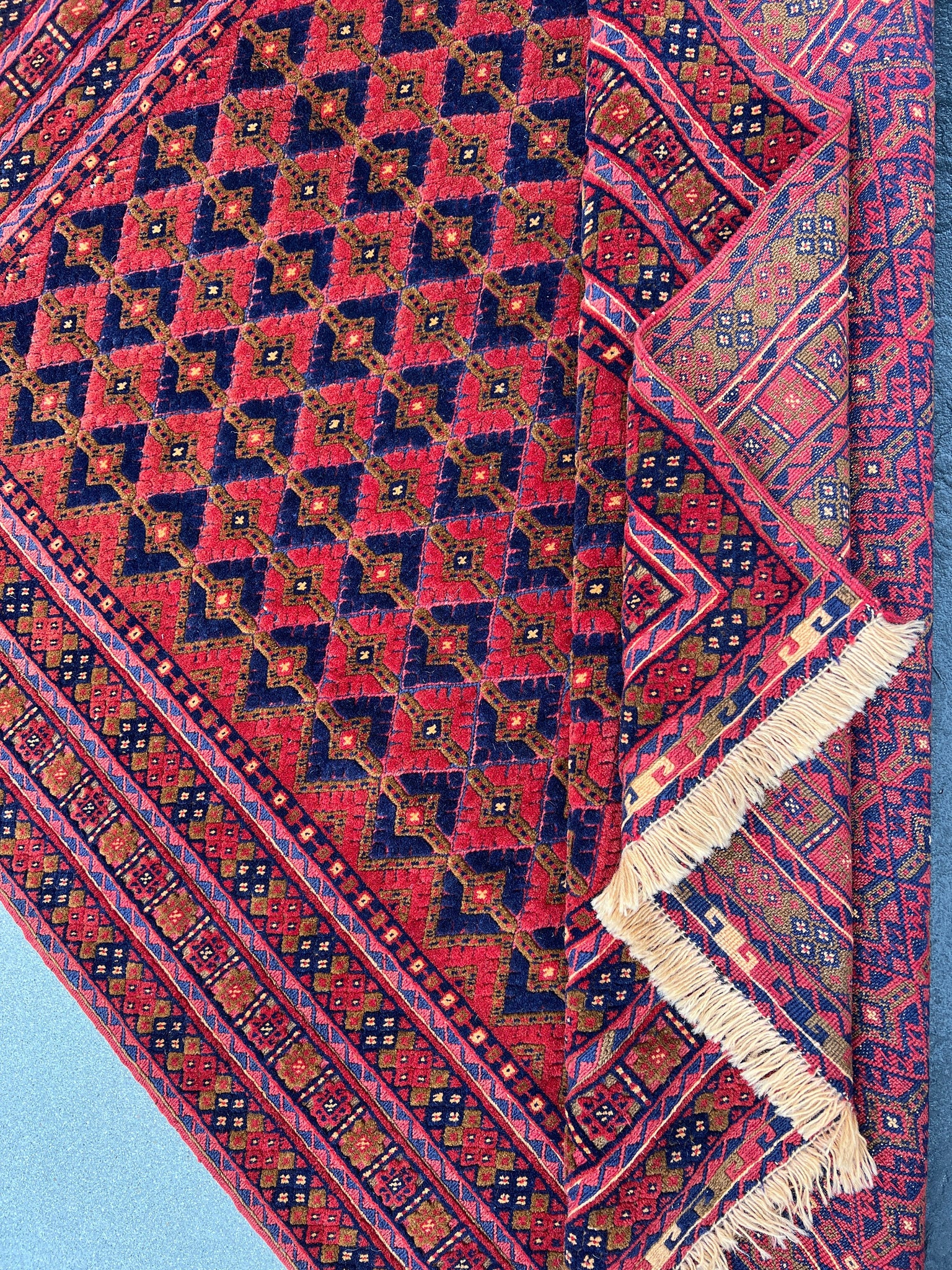 5x6 (150x215) Handmade Vintage Baluch Afghan Rug | Blood Crimson Red Navy Blue Taupe Chocolate Orange Olive Green | Hand Knotted Wool