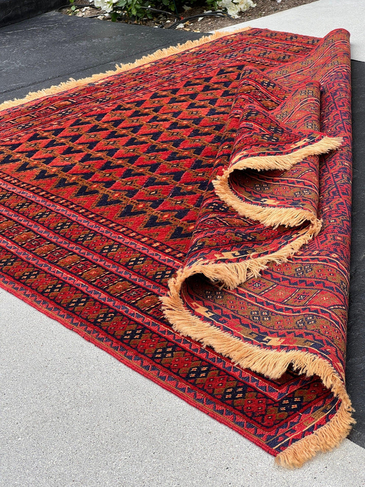 5x6 (150x215) Handmade Vintage Baluch Afghan Rug | Blood Crimson Red Navy Blue Taupe Chocolate Orange Olive Green | Hand Knotted Wool