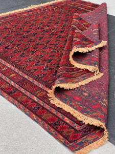 5x7 (150x215) Handmade Vintage Baluch Afghan Rug | Blood Crimson Red Navy Blue Taupe Chocolate Orange Olive Green | Hand Knotted Wool