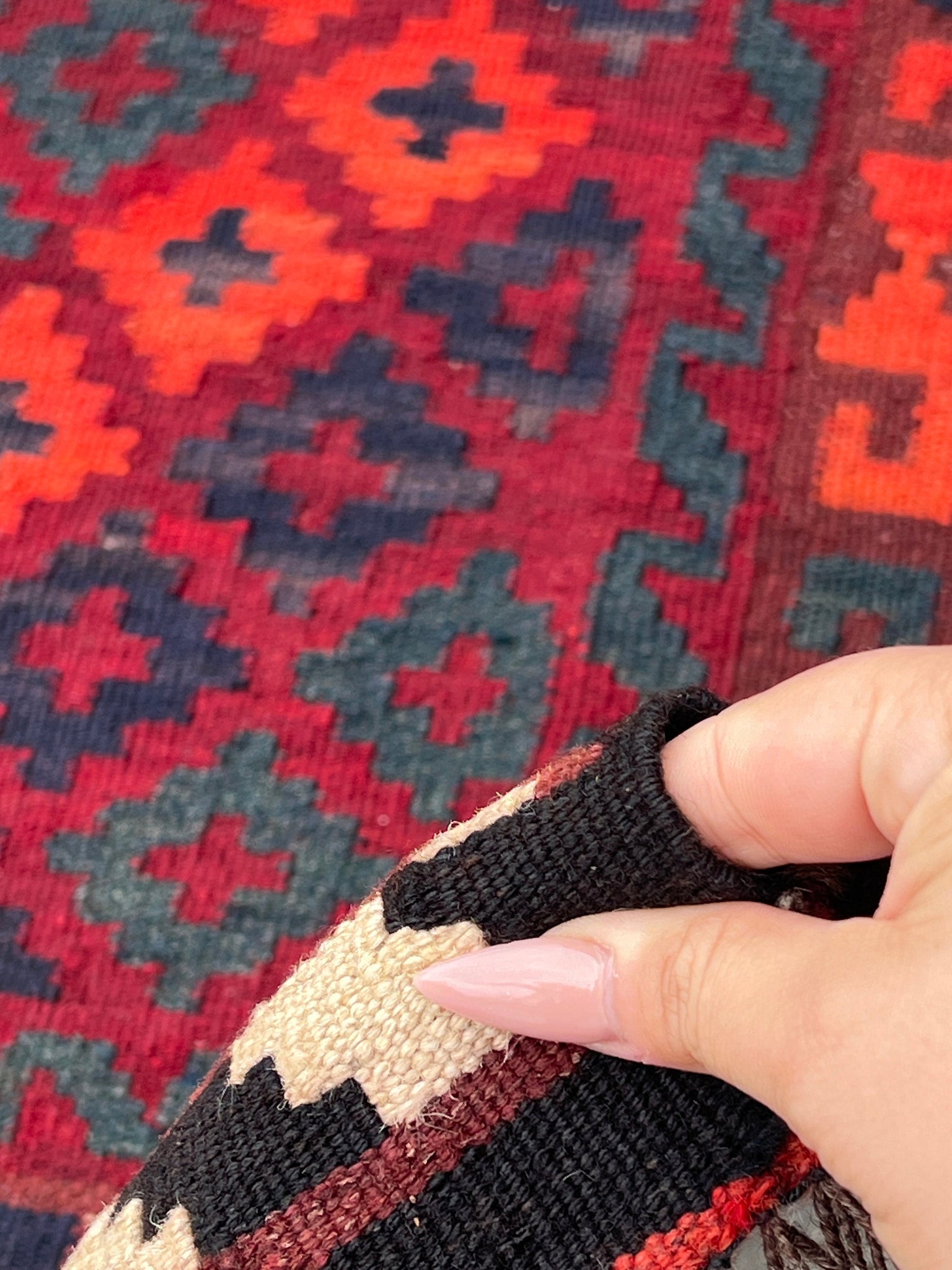 3x6 (90x180) Handmade Vintage Kilim Afghan Rug | Brick Scarlet Red Midnight Blue Black Cream Beige | Hand Knotted Geometric Bohemian Wool