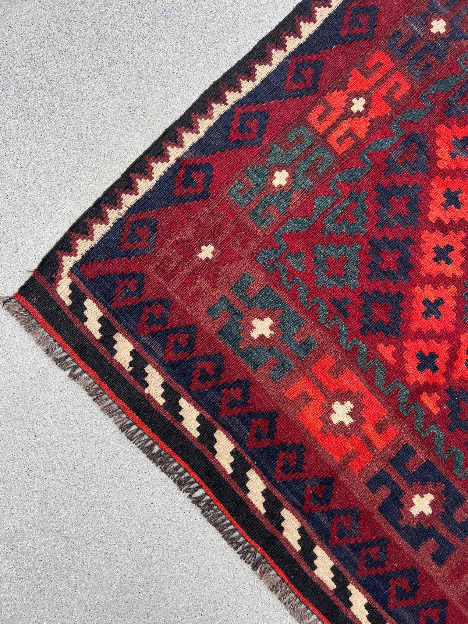 3x6 (90x180) Handmade Vintage Kilim Afghan Rug | Brick Scarlet Red Midnight Blue Black Cream Beige | Hand Knotted Geometric Bohemian Wool