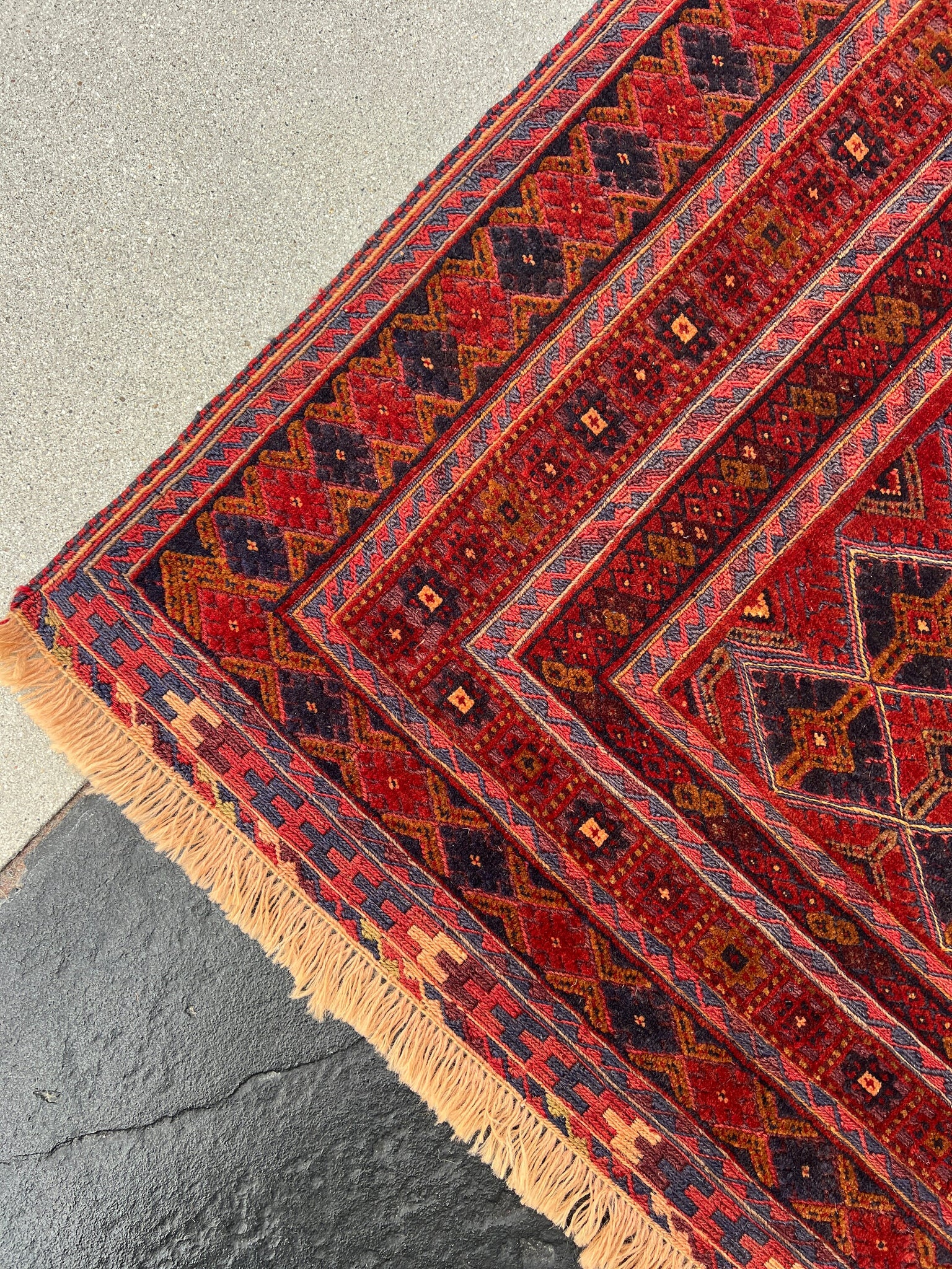 5x7 (150x215) Handmade Vintage Afghan Rug | Blood Red Navy Blue Taupe Chocolate Brown Orange Olive Green | Hand Knotted Bohemian Wool