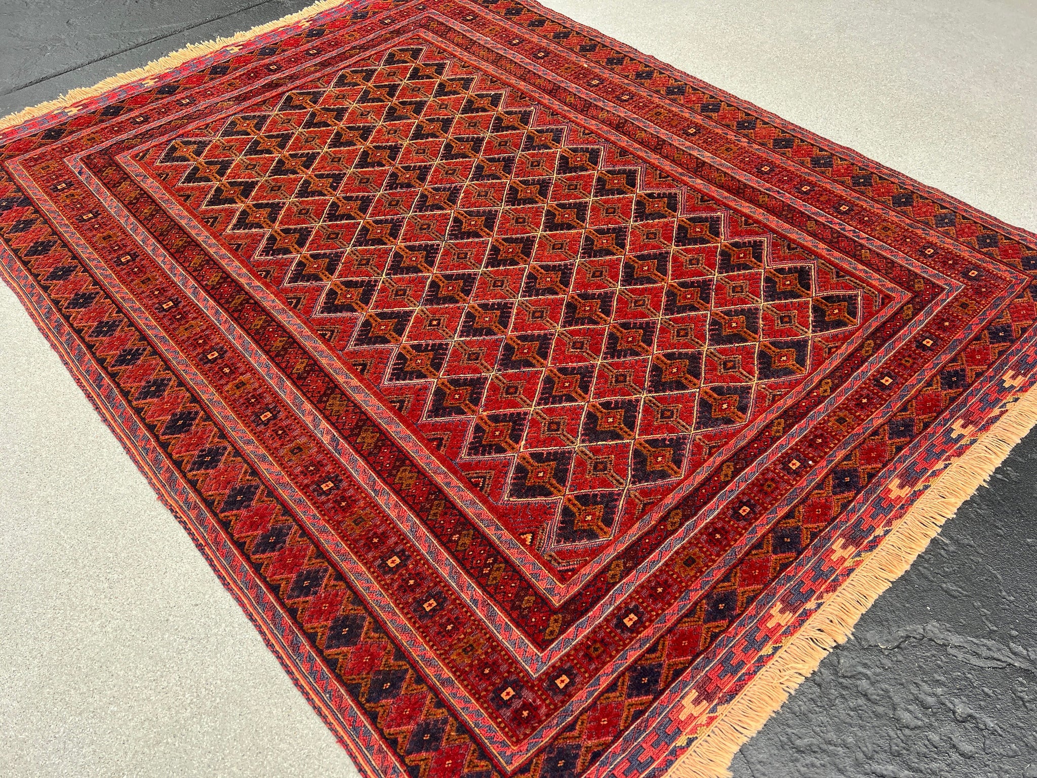 5x7 (150x215) Handmade Vintage Afghan Rug | Blood Red Navy Blue Taupe Chocolate Brown Orange Olive Green | Hand Knotted Bohemian Wool