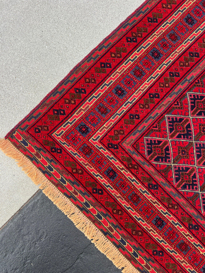 5x6 (150x215) Handmade Vintage Kilim Afghan Rug | Crimson Blood Red Navy Blue Taupe Chocolate Orange Ivory | Hand Knotted Turkish Wool