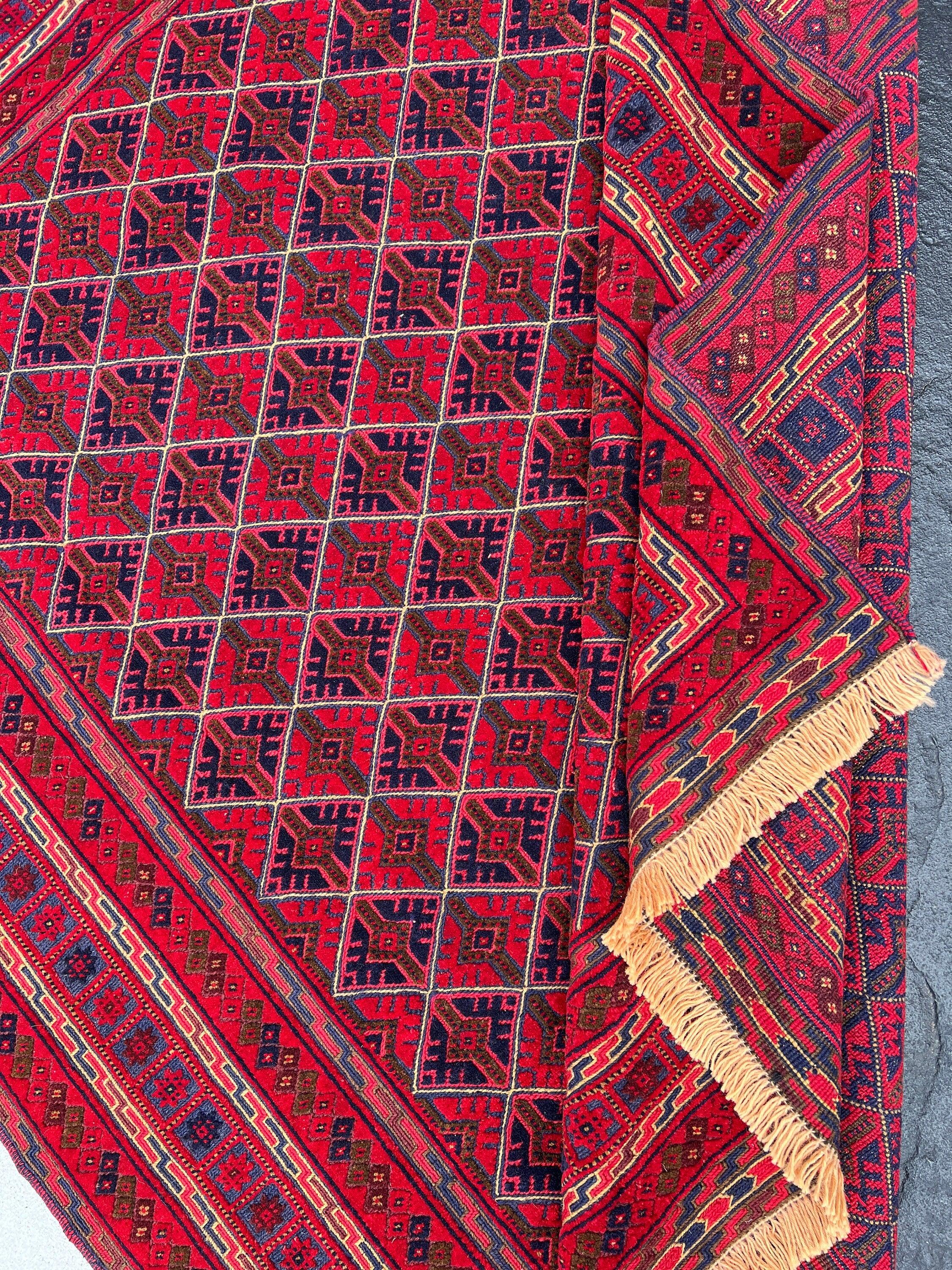 5x6 (150x215) Handmade Vintage Kilim Afghan Rug | Crimson Blood Red Navy Blue Taupe Chocolate Orange Ivory | Hand Knotted Turkish Wool