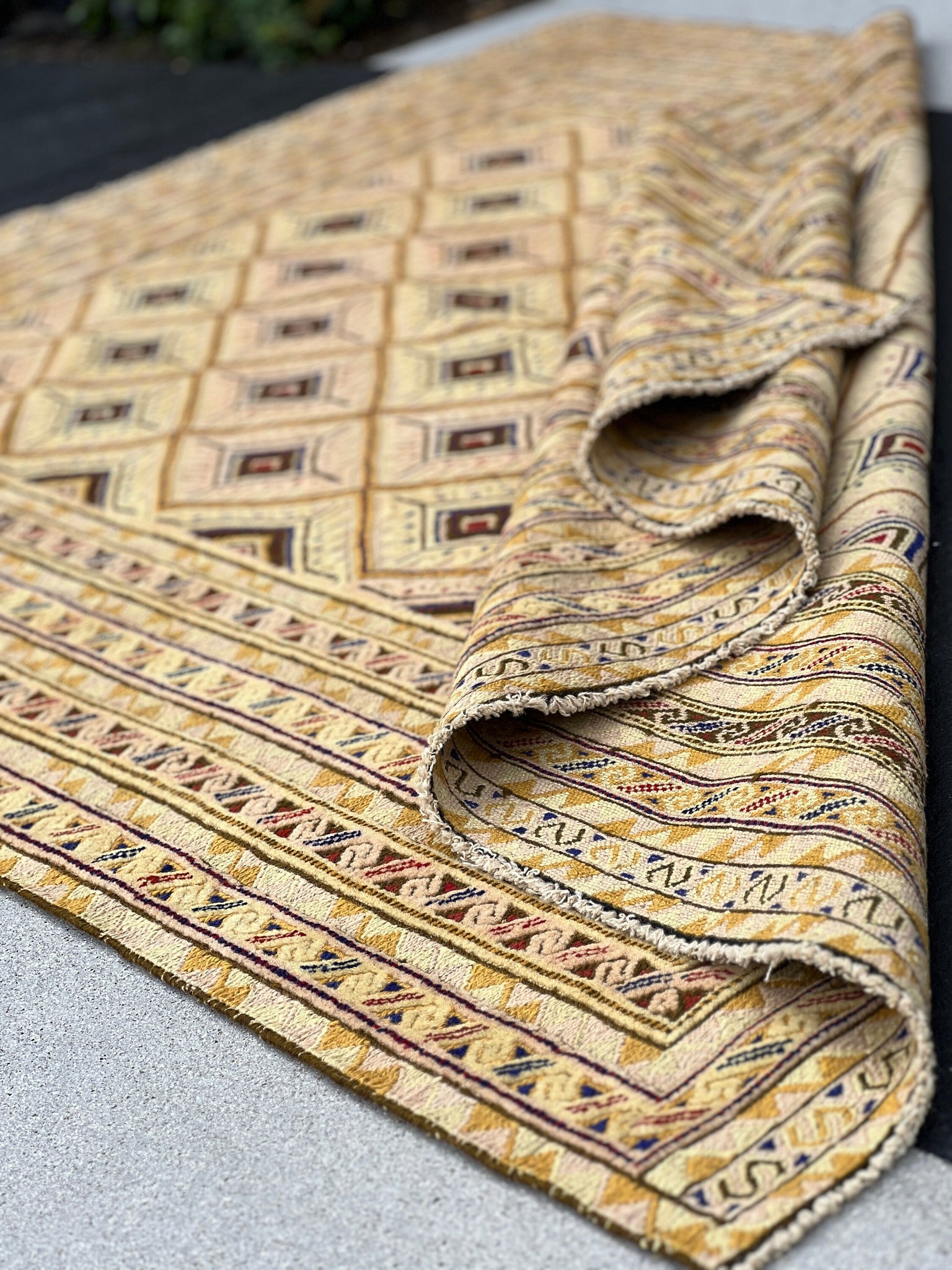 5x7 (150x215) Handmade Vintage Kilim Afghan Rug | Cornsilk Taupe Gold Mustard Yellow Crimson Red Navy Blue Cream Beige | Turkish Wool