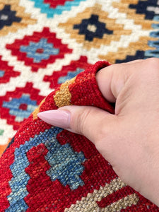 4x6 (120x180) Handmade Kilim Afghan Rug | Blood Red Midnight Denim Sky Blue Ivory Taupe Grey Rose Pink Gold Cornsilk Yellow | Geometric
