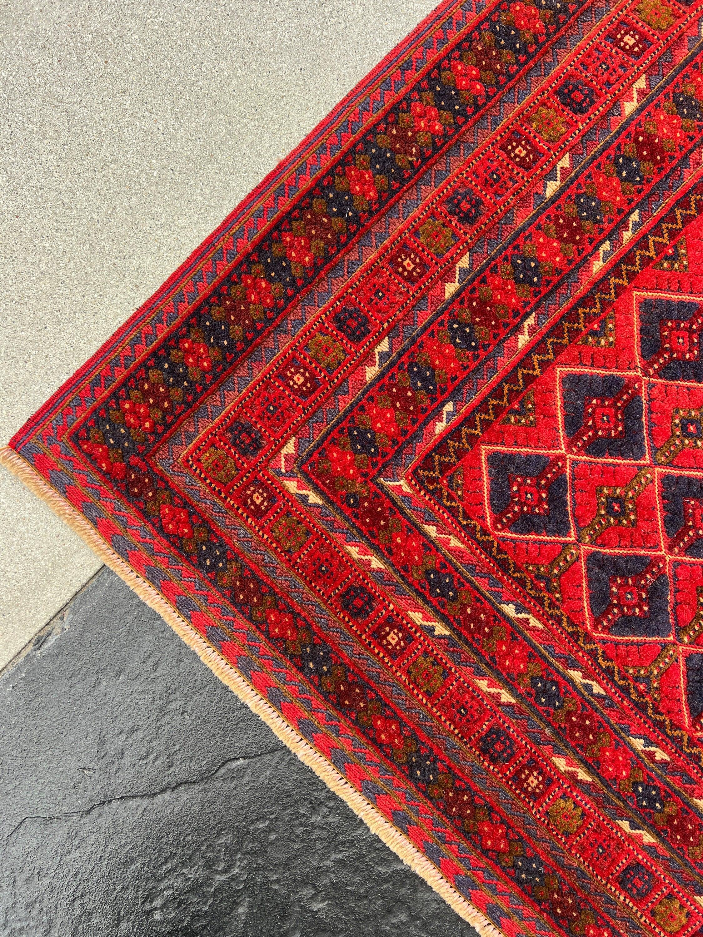 5x7 (150x215) Handmade Vintage Kilim Afghan Rug | Crimson Blood Red Navy Blue Taupe Chocolate Orange Olive Cream | Hand Knotted Wool