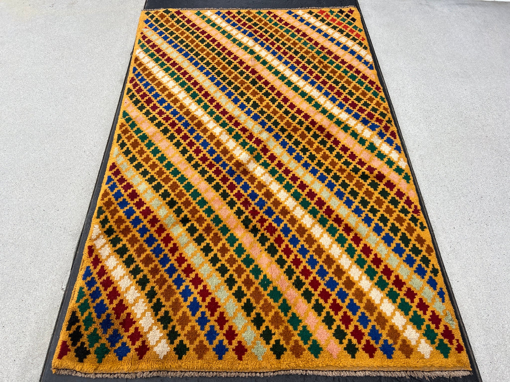 4x6 (120x180) Handmade Vintage Baluch Afghan Rug | Mustard Gold Blue Forest Green Turquoise Salmon Pink Taupe Crimson Red Ivory | Geometric