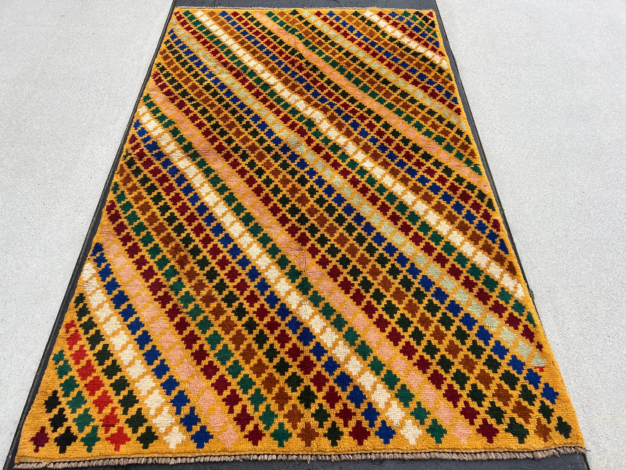 4x6 (120x180) Handmade Vintage Baluch Afghan Rug | Mustard Gold Blue Forest Green Turquoise Salmon Pink Taupe Crimson Red Ivory | Geometric