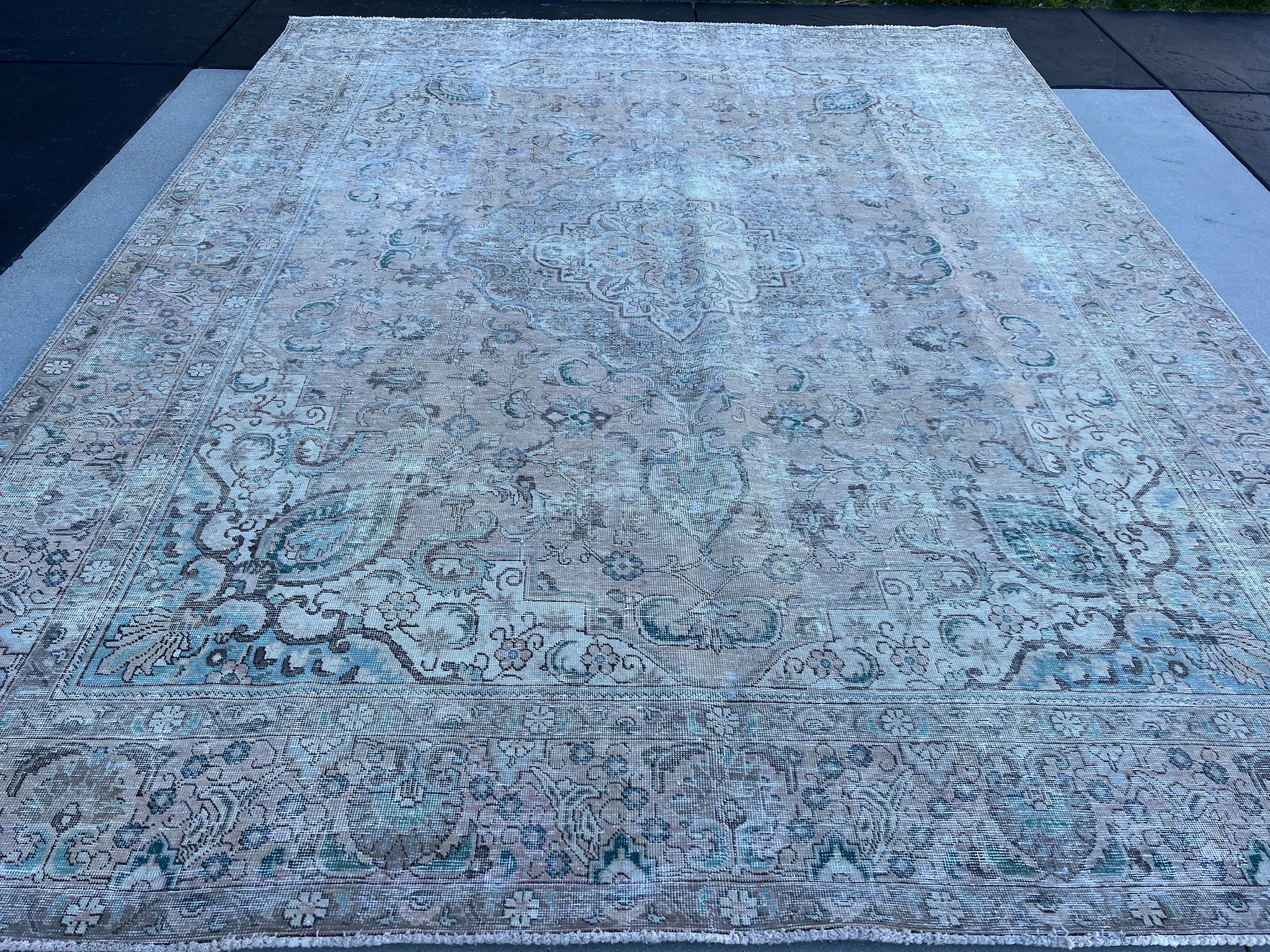 10x12 (305x400) Handmade Afghan Rug | Neutral Muted Grey Brown Cream Beige Teal | Wool Hand Knotted Turkish Oushak Persian Floral Hand Woven