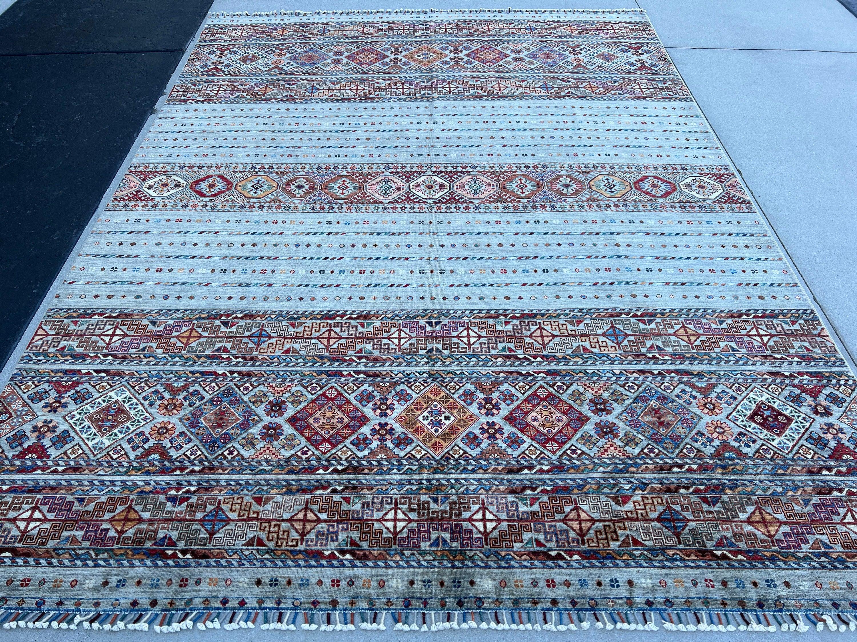 8x11 (240x300) Handmade Afghan Rug | Grey Crimson Red Denim Blue Ivory Cream Beige Saffron Peach | Hand Knotted Oushak Persian Oriental Wool