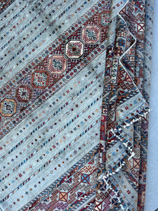 8x11 (240x300) Handmade Afghan Rug | Grey Crimson Red Denim Blue Ivory Cream Beige Saffron Peach | Hand Knotted Oushak Persian Oriental Wool