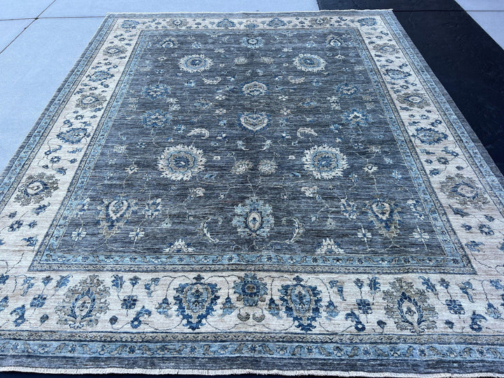 8x10 (245x305) Handmade Afghan Rug | Muted Charcoal Grey Cream Beige Teal Blue Turquoise Sage Green | Tribal Floral Wool Boho Hand Knotted