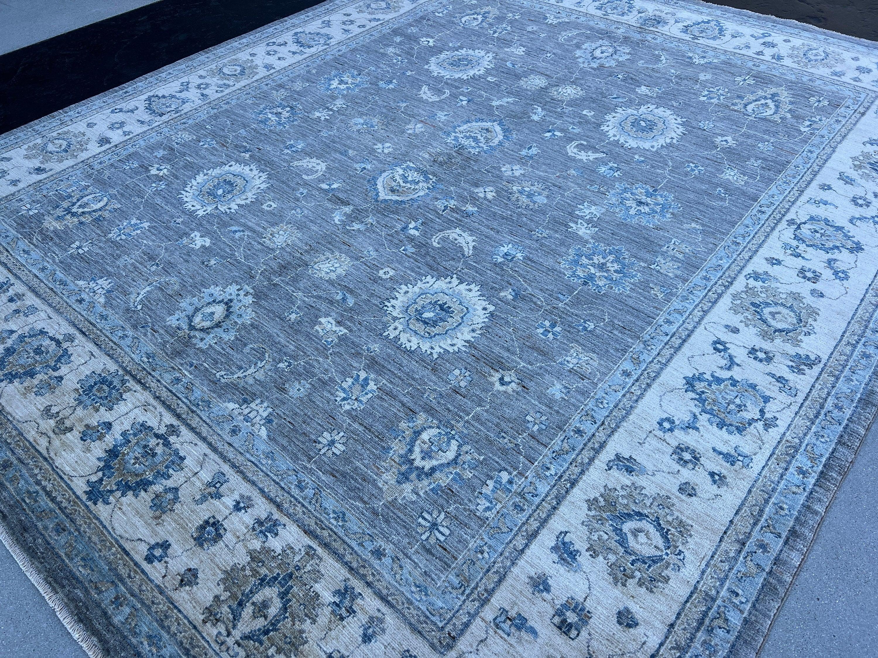 8x10 (245x305) Handmade Afghan Rug | Muted Charcoal Grey Cream Beige Teal Blue Turquoise Sage Green | Tribal Floral Wool Boho Hand Knotted