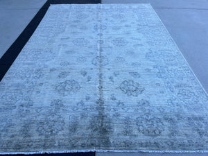 7x10 (215x305) Handmade Afghan Rug | Neutral Muted Grey Gray Sage Green Charcoal Grey Black | Turkish Oushak Persian Knotted Bohemian Wool