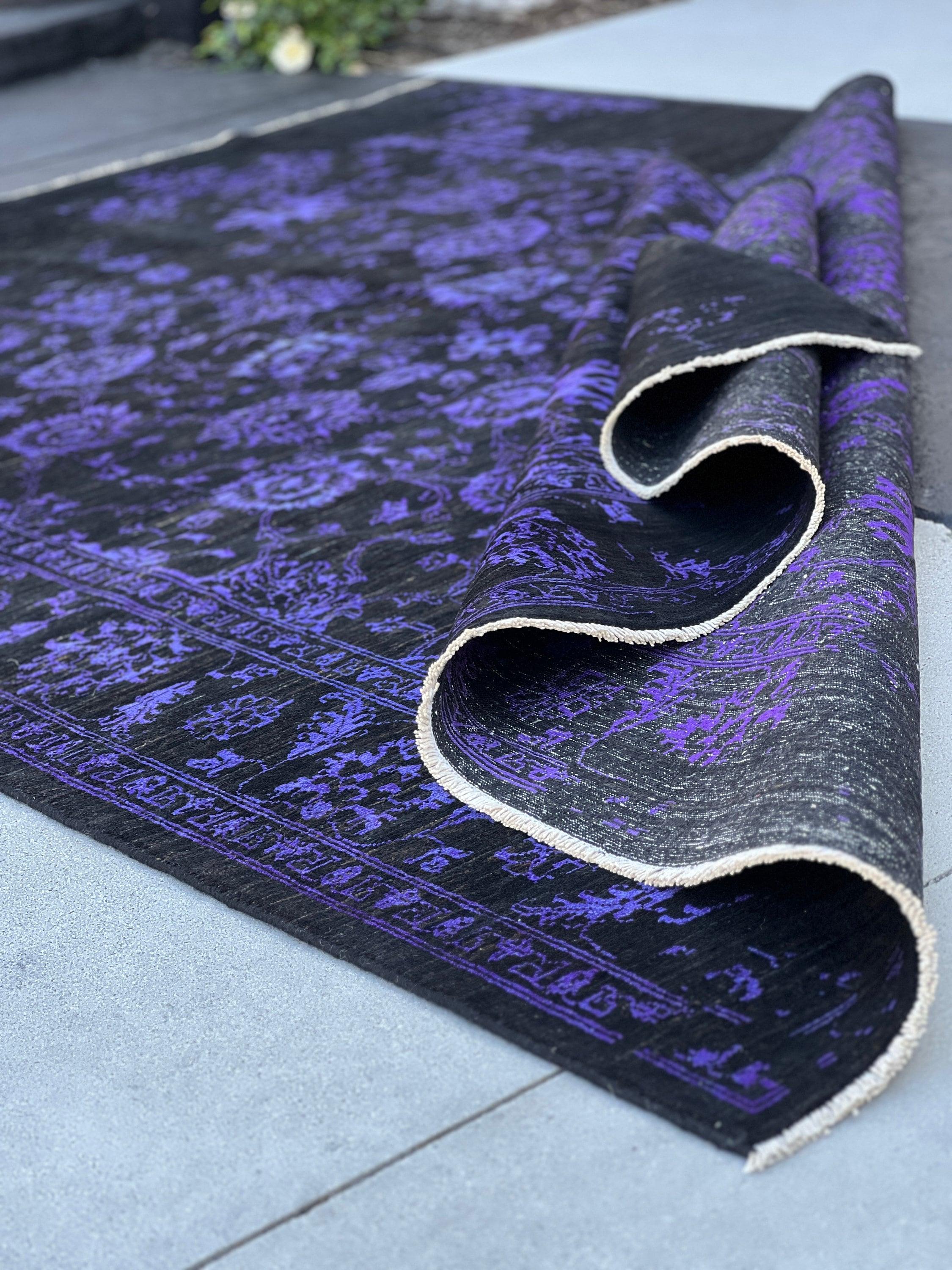 7x10 (215x305) Handmade Afghan Rug | Black Purple Muted | Wool Hand Knotted Heriz Serapi Bold Bright Bohemian Persian