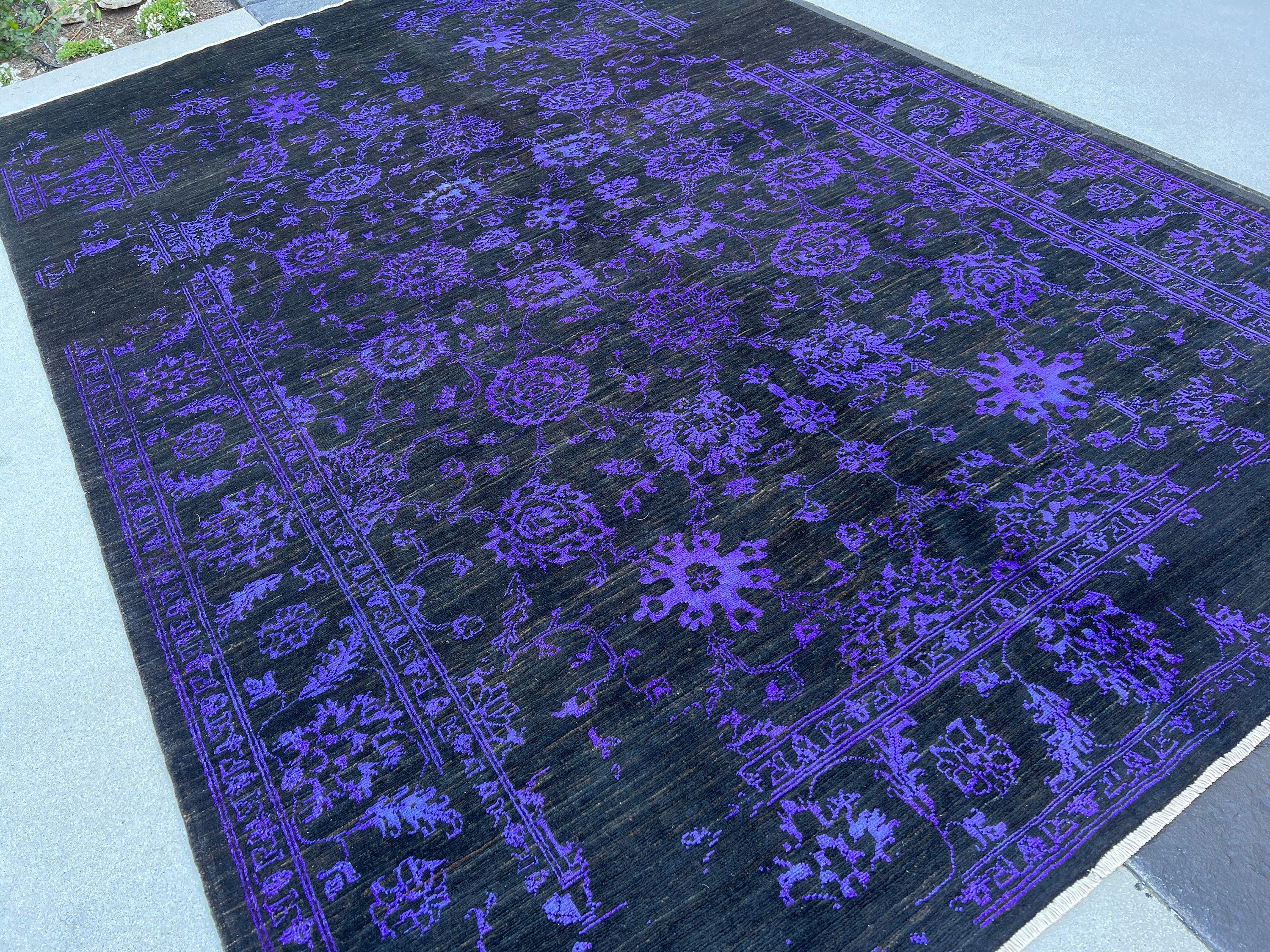 7x10 (215x305) Handmade Afghan Rug | Black Purple Muted | Wool Hand Knotted Heriz Serapi Bold Bright Bohemian Persian