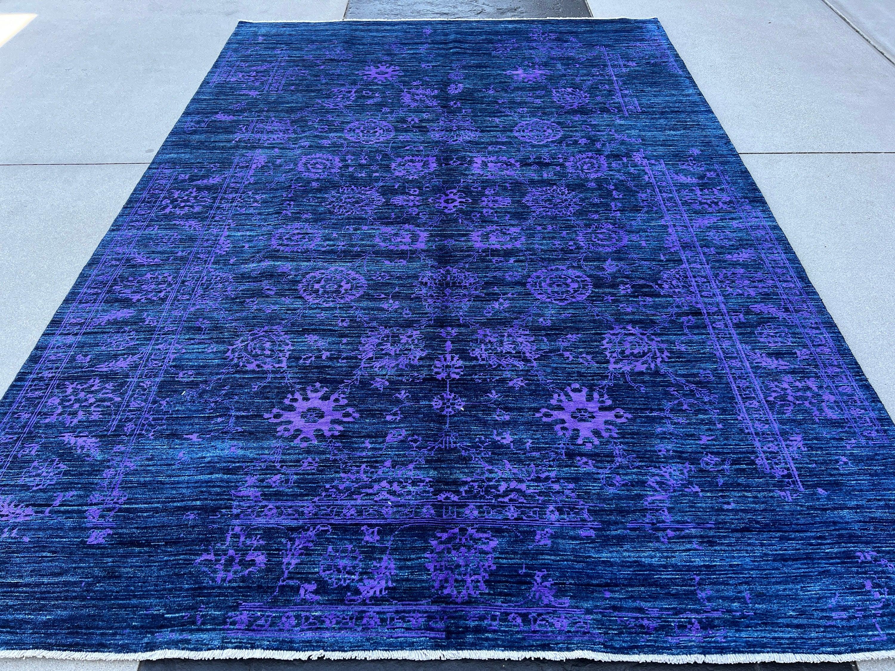 7x10 (215x305) Handmade Afghan Rug | Royal Blue Black Purple Muted | Wool Hand Knotted Heriz Serapi Bold Bright Bohemian Persian