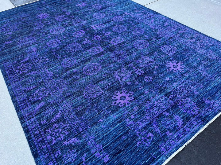 7x10 (215x305) Handmade Afghan Rug | Royal Blue Black Purple Muted | Wool Hand Knotted Heriz Serapi Bold Bright Bohemian Persian