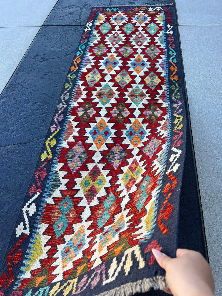 3x8 - 3x9 Handmade Afghan Kilim Runner Rug | Navy Midnight Blue Purple Olive Taupe Turquoise Burnt Orange Ivory Blood Red | Geometric Wool