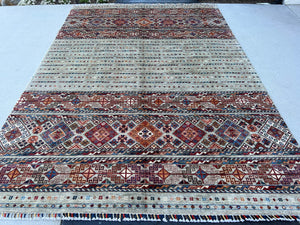 7x10 (213x305) Handmade Afghan Rug | Grey Denim Blue Brick Red Ivory White Orange Chocolate Brown Peach Teal | Wool Hand Knotted