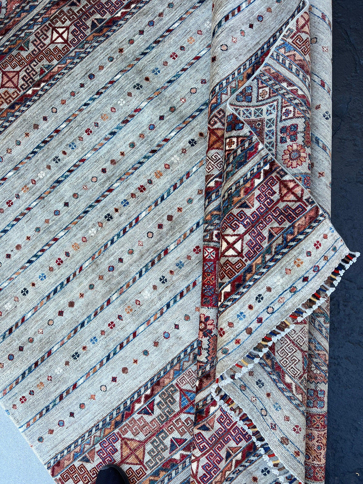 7x10 (213x305) Handmade Afghan Rug | Grey Denim Blue Brick Red Ivory White Orange Chocolate Brown Peach Teal | Wool Hand Knotted