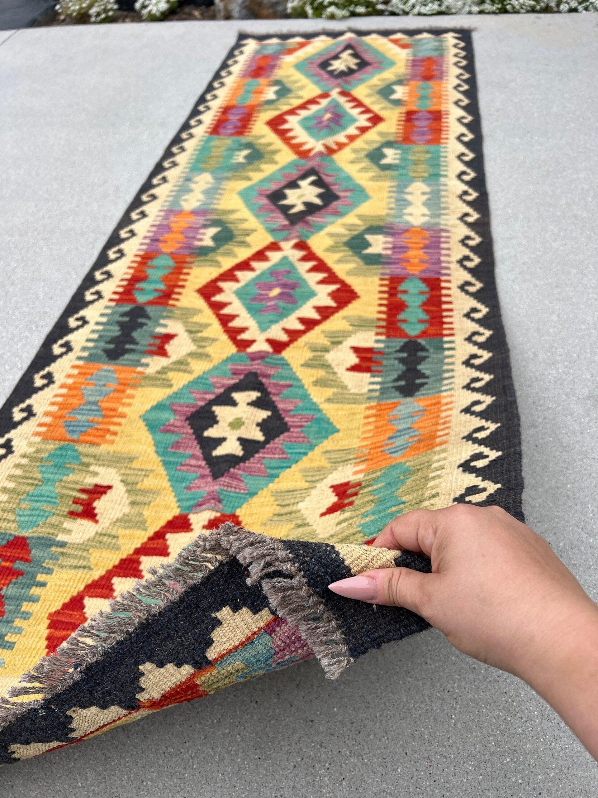 3x7 Handmade Afghan Kilim Runner Rug | Black Cream Gold Mustard Yellow Teal Prussian Denim Blue Purple Moss Green Orange | Geometric Wool