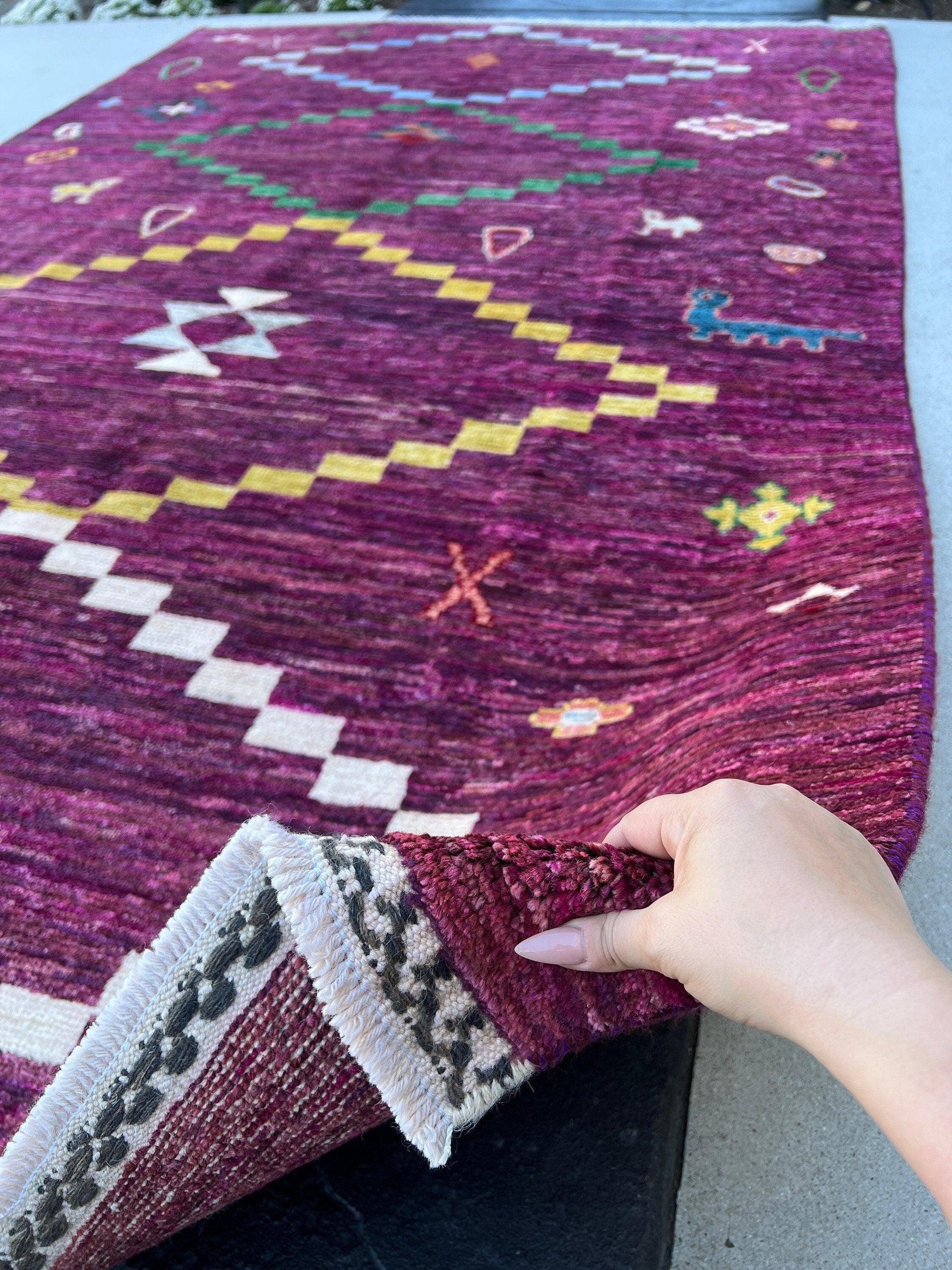 6x9 (150x245) Handmade Afghan Moroccan Rug | Plum Brick Red Fuchsia Pink Olive Ivory Blue Green Mustard Yellow | Tribal Nomadic Kilim Wool