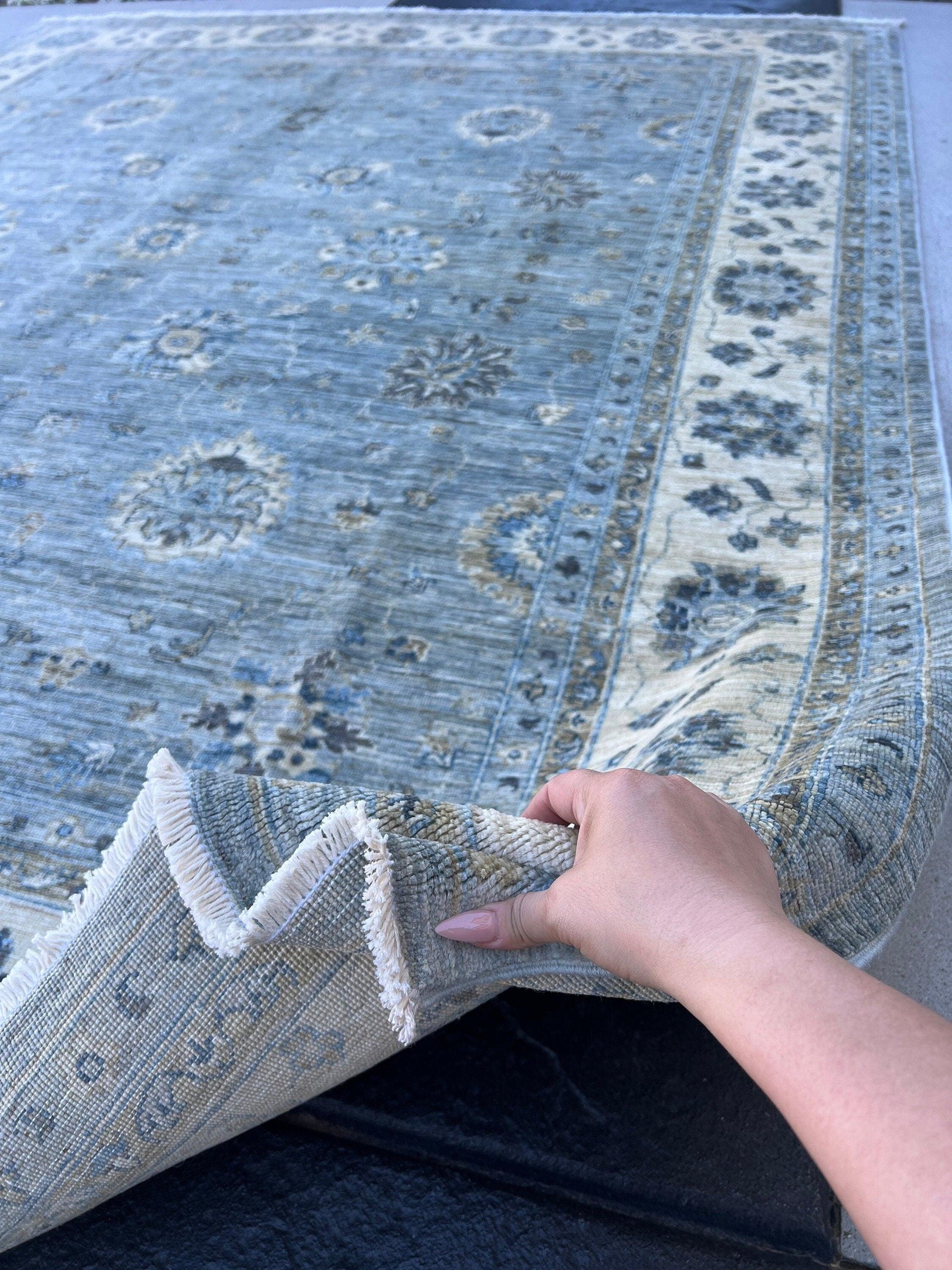 8x10 (245x305) Handmade Afghan Rug | Muted Neutral Blue Sky Denim Tan Brown Beige Cream Cornsilk Yellow | Wool Hand Knotted Mamluk Boho