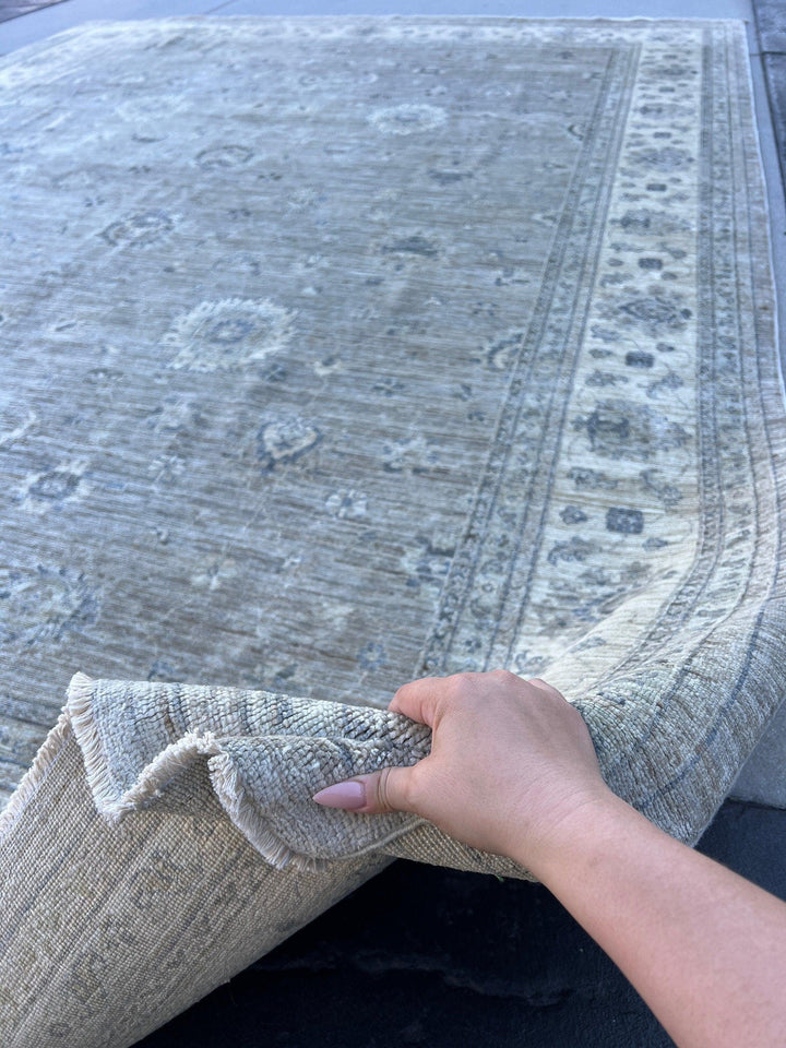 10x13 (305x400) Handmade Afghan Rug | Neutral Muted Grey Gray Cream Beige | Wool Hand Knotted Turkish Oushak Persian Floral Hand Woven