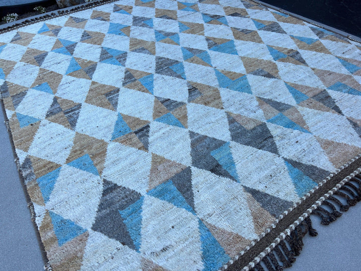 8x10 (240x300) Handmade Afghan Moroccan Rug | Cream Beige Turquoise Sky Blue Chocolate Mocha Brown | Berber Beni Boujad Flokati Wool Plush