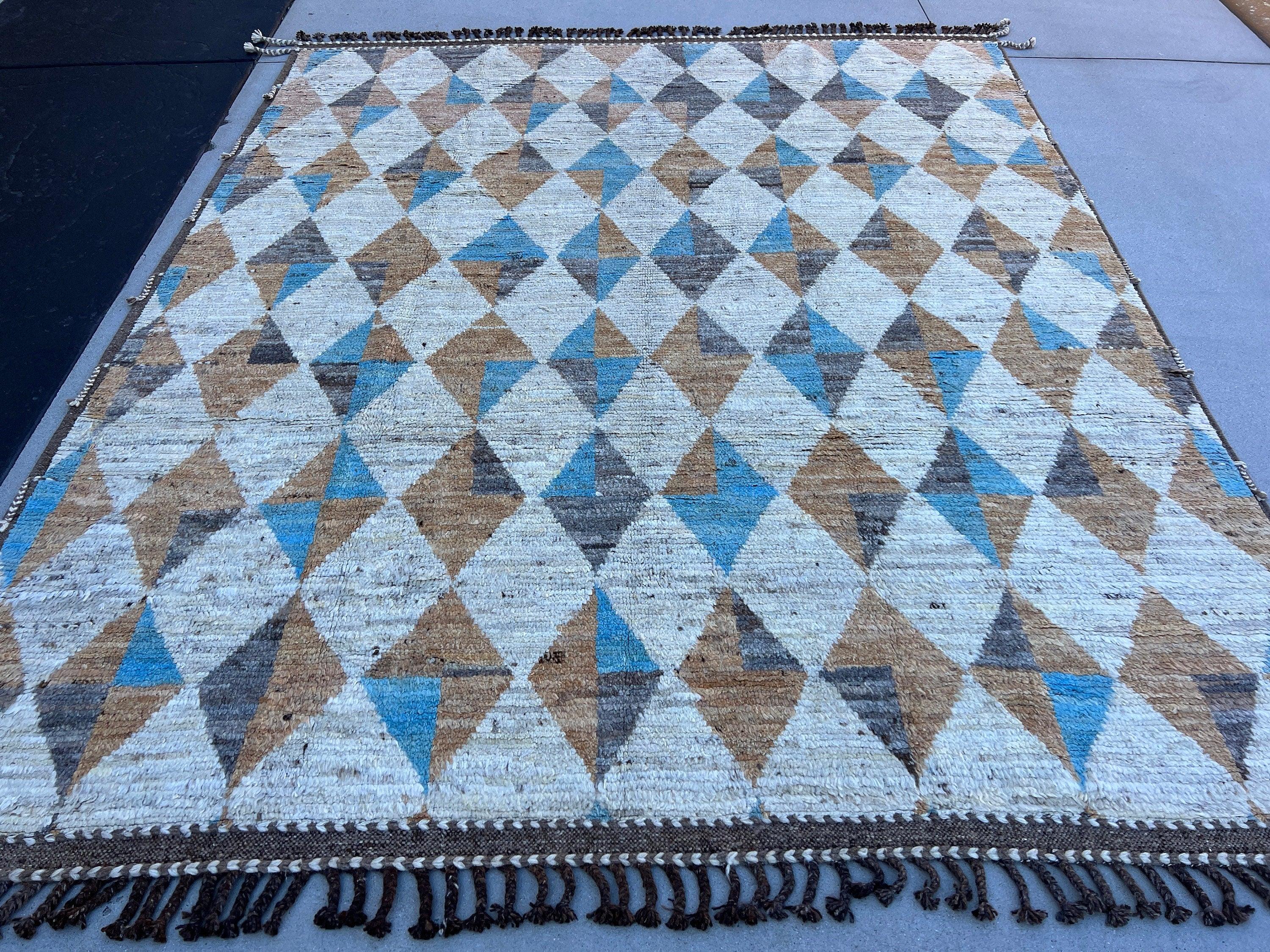 8x10 (240x300) Handmade Afghan Moroccan Rug | Cream Beige Turquoise Sky Blue Chocolate Mocha Brown | Berber Beni Boujad Flokati Wool Plush