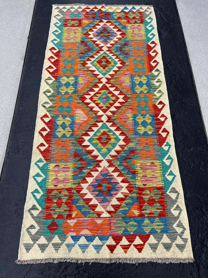 3x6 (90x180) Handmade Afghan Kilim Runner Rug | Cream Beige Orange Brick Blood Red Grey Denim Blue Olive Lime Green Yellow | Geometric Wool