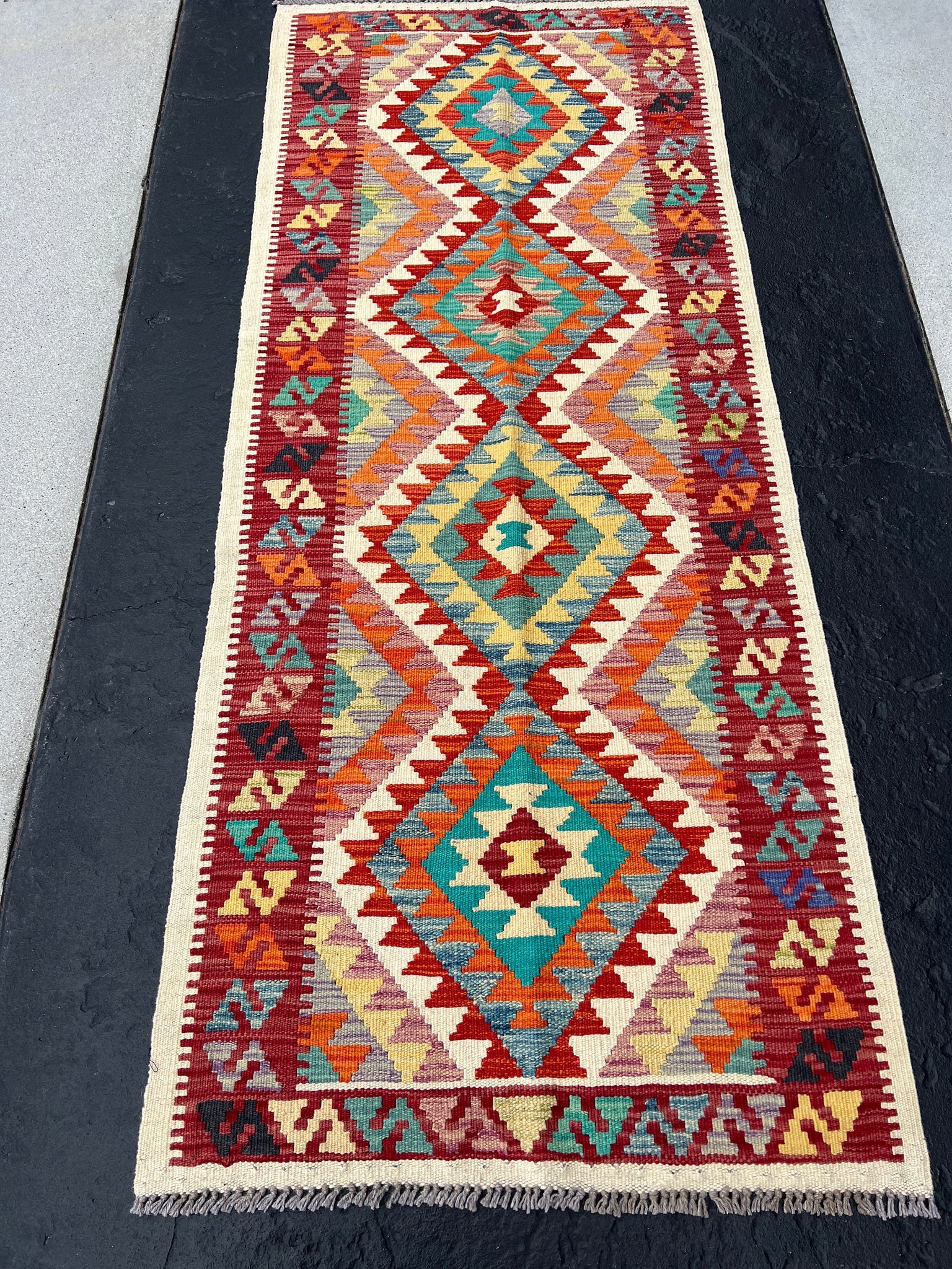 3x7 (100x200) Handmade Afghan Kilim Runner Rug | Crimson Brick Red Olive Green Teal Purple Prussian Denim Blue Grey Orange | Flatweave Wool