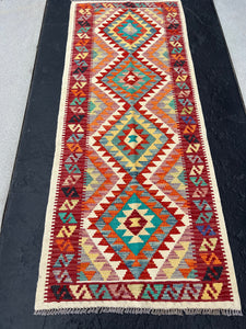 3x7 (100x200) Handmade Afghan Kilim Runner Rug | Crimson Brick Red Olive Green Teal Purple Prussian Denim Blue Grey Orange | Flatweave Wool