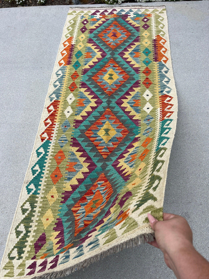 3x7 (100x200) Handmade Afghan Kilim Runner Rug | Olive Forest Green Cream Beige Orange Purple Grey Blue Yellow Teal | Flatweave Wool