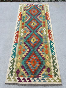 3x7 (100x200) Handmade Afghan Kilim Runner Rug | Olive Forest Green Cream Beige Orange Purple Grey Blue Yellow Teal | Flatweave Wool