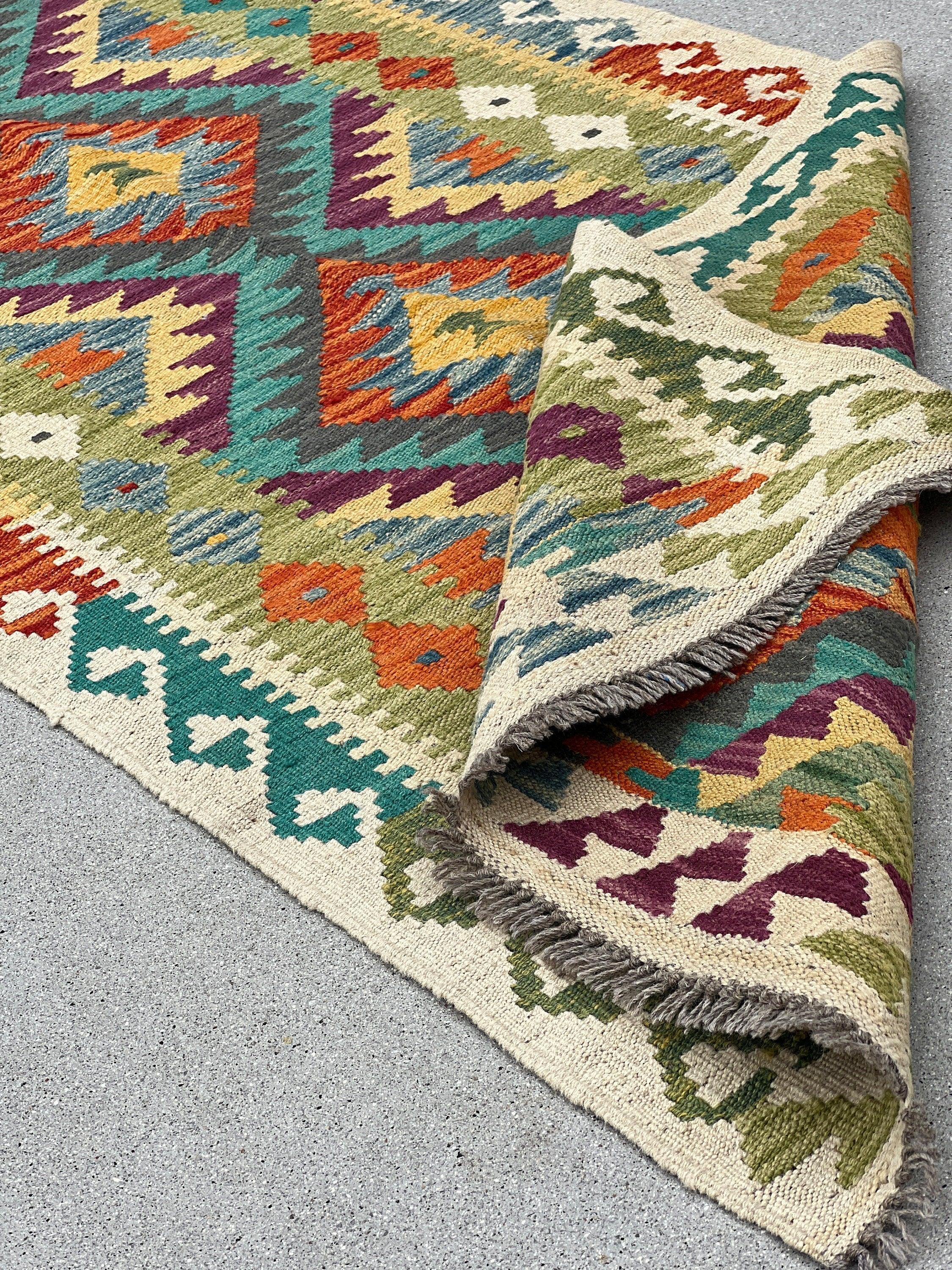 3x7 (100x200) Handmade Afghan Kilim Runner Rug | Olive Forest Green Cream Beige Orange Purple Grey Blue Yellow Teal | Flatweave Wool