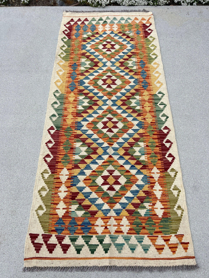 3x6 (90x180) Handmade Afghan Kilim Runner Rug | Cream Beige Crimson Red Olive Teal Purple Grey Mustard Orange Moss Green | Flatweave Wool