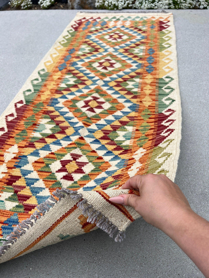 3x6 (90x180) Handmade Afghan Kilim Runner Rug | Cream Beige Crimson Red Olive Teal Purple Grey Mustard Orange Moss Green | Flatweave Wool