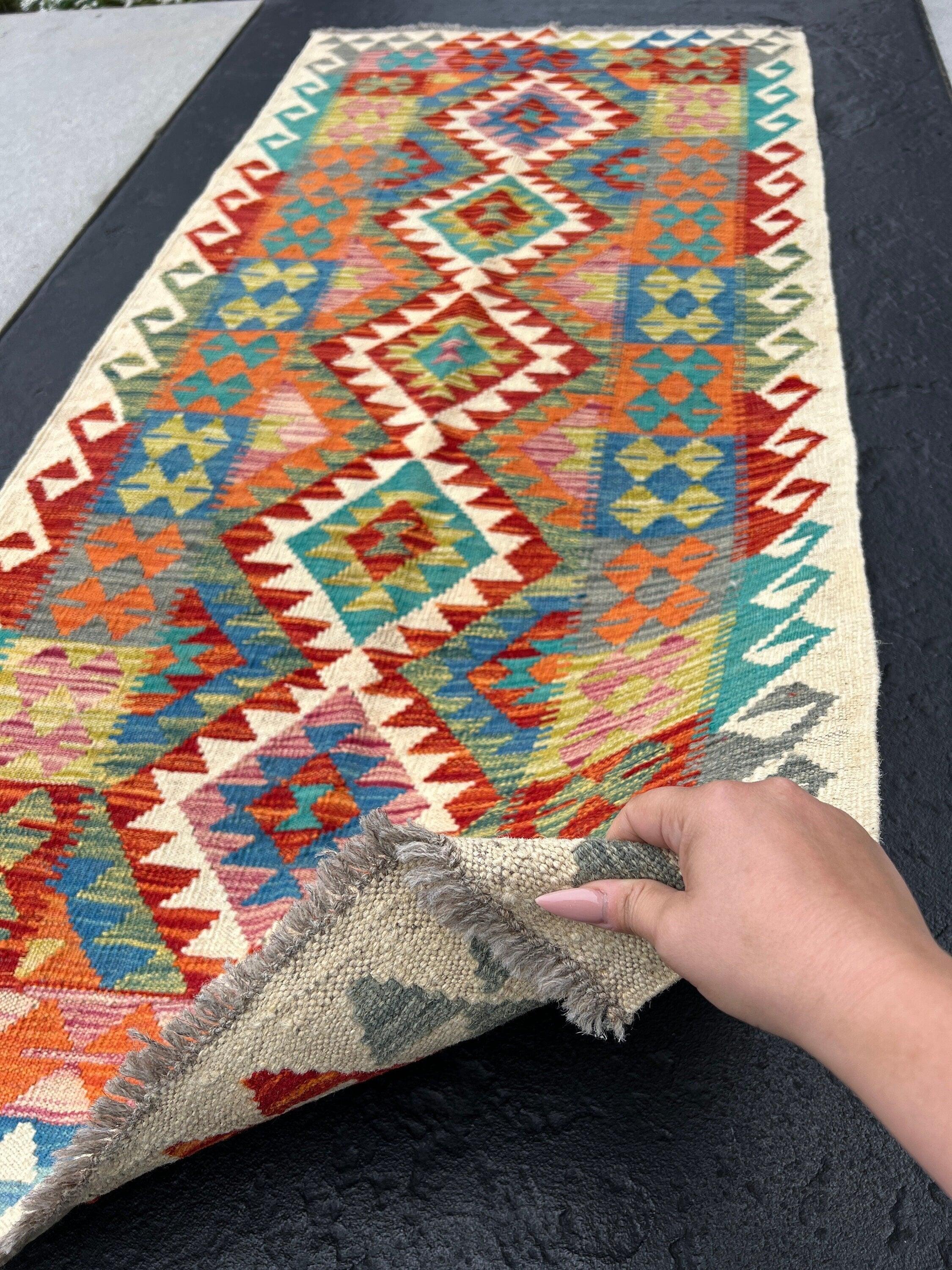 3x6 (90x180) Handmade Afghan Kilim Runner Rug | Cream Beige Orange Brick Blood Red Grey Denim Blue Olive Lime Green Yellow | Geometric Wool