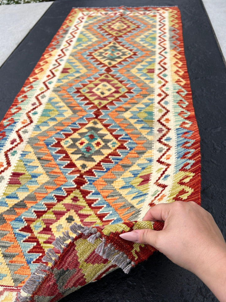 3x7 (100x200) Handmade Afghan Kilim Runner Rug | Cream Blood Red Orange Denim Baby Blue Grey Cornsilk Yellow Moss Olive Green | Wool Turkish