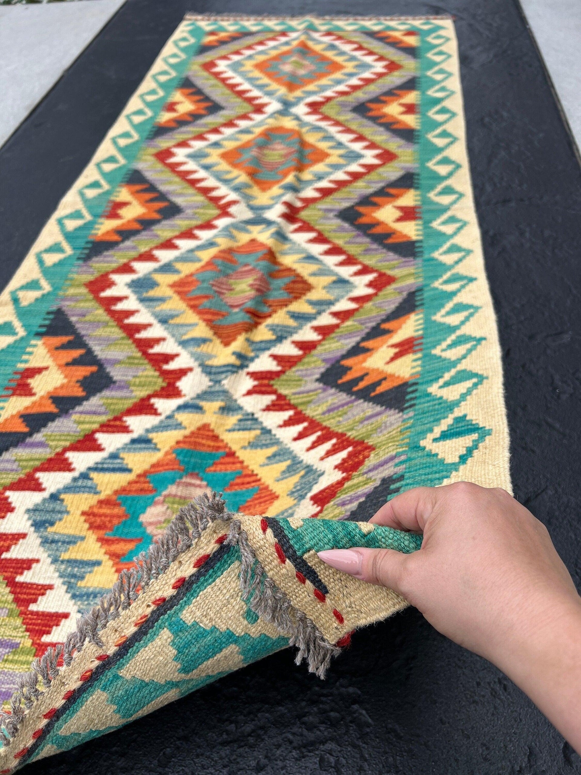 3x7 Handmade Afghan Kilim Runner Rug | Cornsilk Gold Yellow Tan Turquoise Rust Burnt Orange Purple Moss Green Black Grey Blue Ivory | Wool